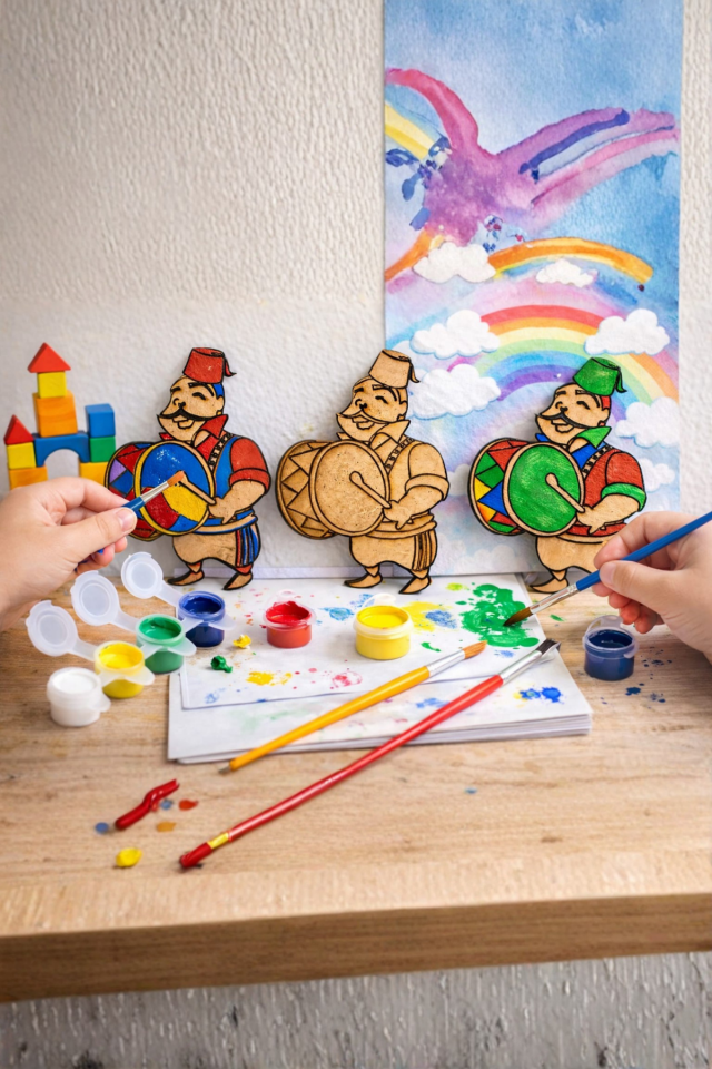 Ramazan Davulcusu Boyama Seti  (30 Davulcu + 10 Fırça) – Ahşap Boyama Etkinliği, Çocuk Etkinlik Seti, Ramazan Süsü