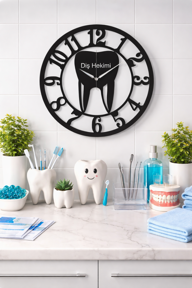 Diş Hekimleri İçin Diş Şeklinde Ahşap Duvar Saati 50cm