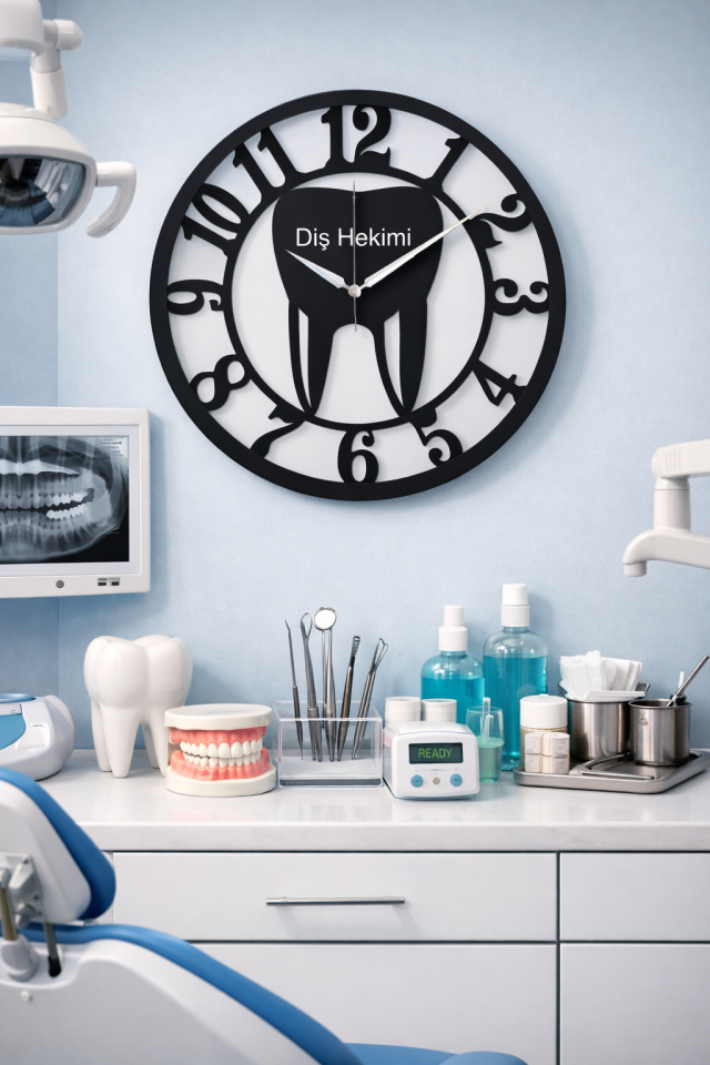 Diş Hekimleri İçin Diş Şeklinde Ahşap Duvar Saati 50cm