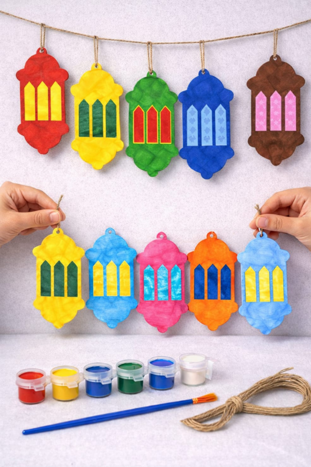Ramazan Feneri Boyama Seti 35 Parça (30 Ahşap Fener + 5 Boya Kiti) Hasır İpli – Ramazan Etkinlik Seti, Anaokulu Boyama Etkinliği