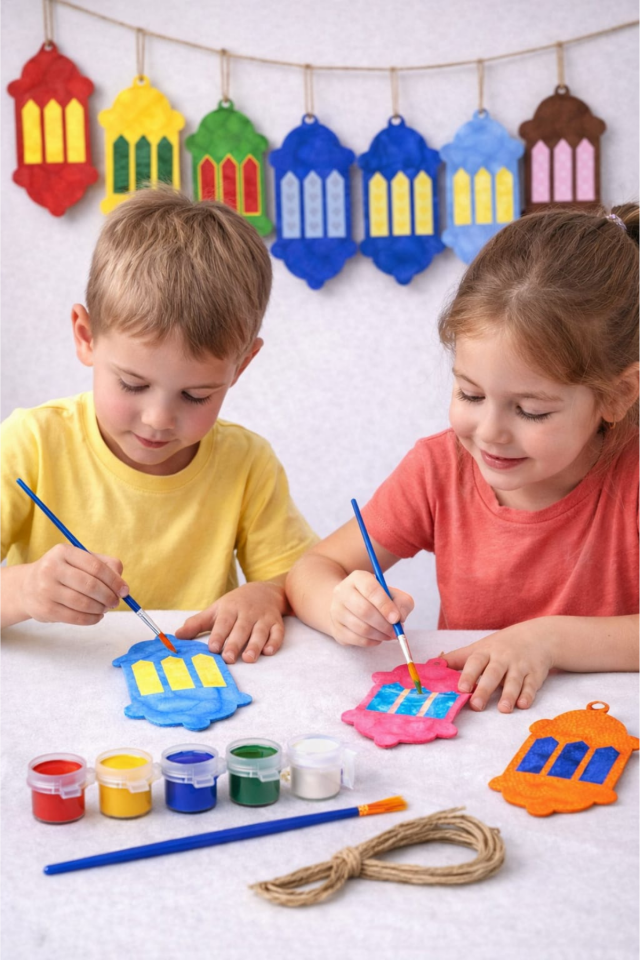 Ramazan Feneri Boyama Seti 35 Parça (30 Ahşap Fener + 5 Boya Kiti) Hasır İpli – Ramazan Etkinlik Seti, Anaokulu Boyama Etkinliği