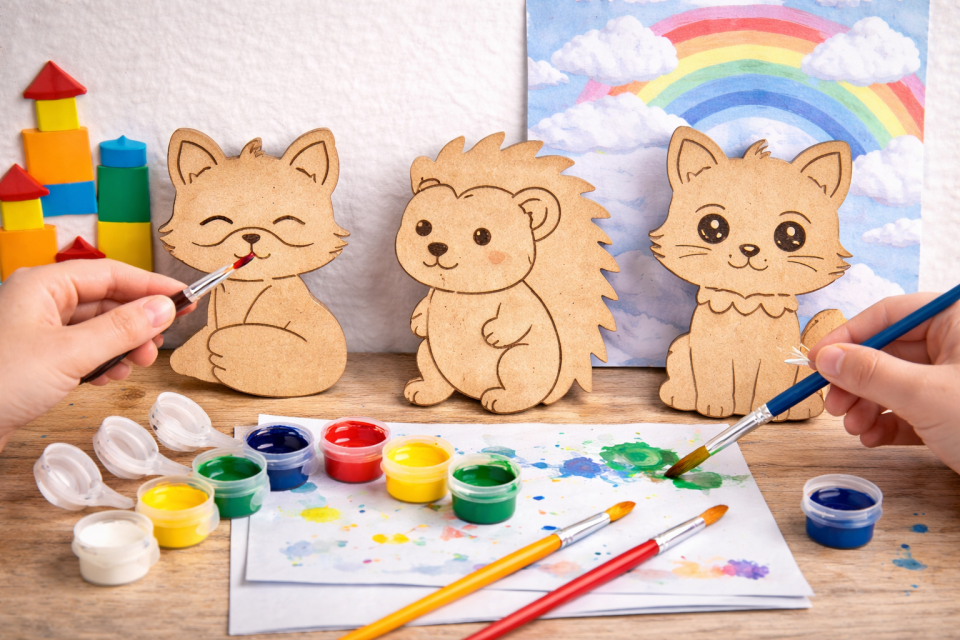 Sevimli Hayvanlar Ahşap Boyama Seti 35 Parça (30 Seviml,i Hayvan + 5 Boya Seti) – 3 Farklı Model, Anaokulu Boyama Etkinliği, Çocuk Etkinlik Seti