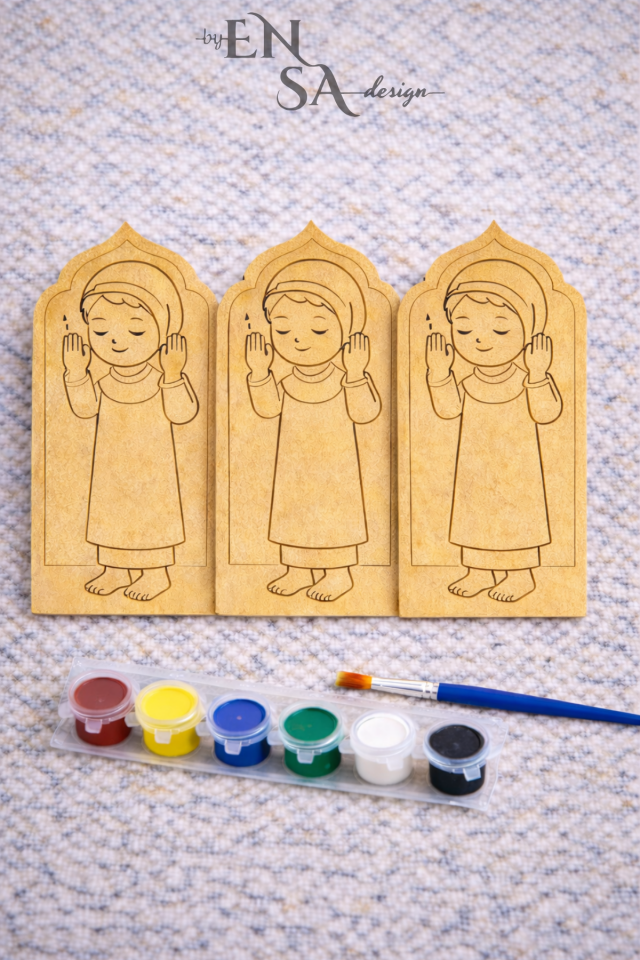 Namaz Kılan Çocuk Ahşap Boyama Seti 35 Parça (30 Figür + 5 Boya Seti) – Ramazan Etkinliği, Anaokulu Dini Eğitim Etkinliği