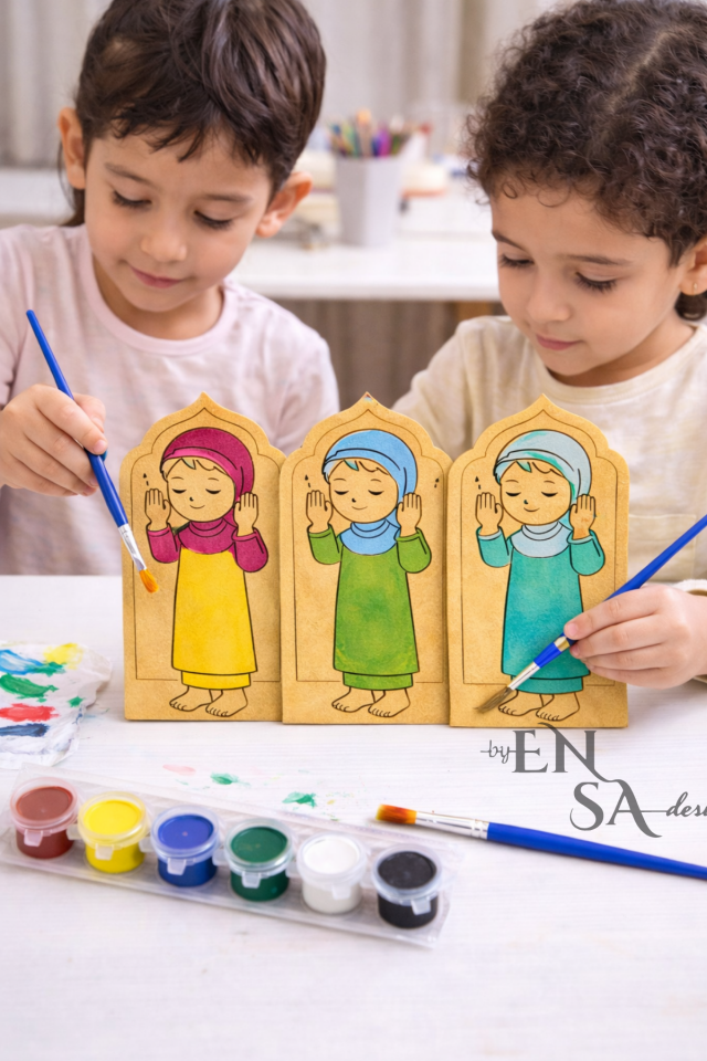 Namaz Kılan Çocuk Ahşap Boyama Seti 35 Parça (30 Figür + 5 Boya Seti) – Ramazan Etkinliği, Anaokulu Dini Eğitim Etkinliği