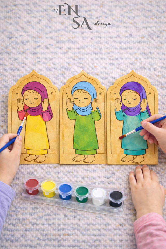 Namaz Kılan Çocuk Ahşap Boyama Seti 35 Parça (30 Figür + 5 Boya Seti) – Ramazan Etkinliği, Anaokulu Dini Eğitim Etkinliği