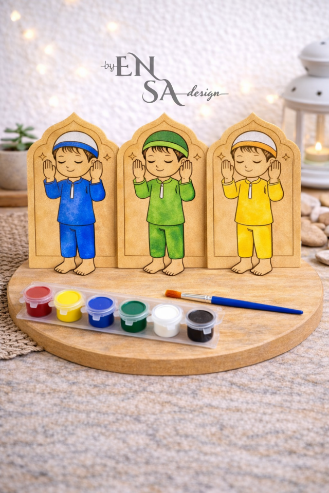 Namaz Kılan Erkek Çocuk Ahşap Boyama Seti 35 Parça (30 Figür + 5 Boya Seti) – Ramazan Etkinliği, Değerler Eğitimi, Anaokulu Boyama Seti