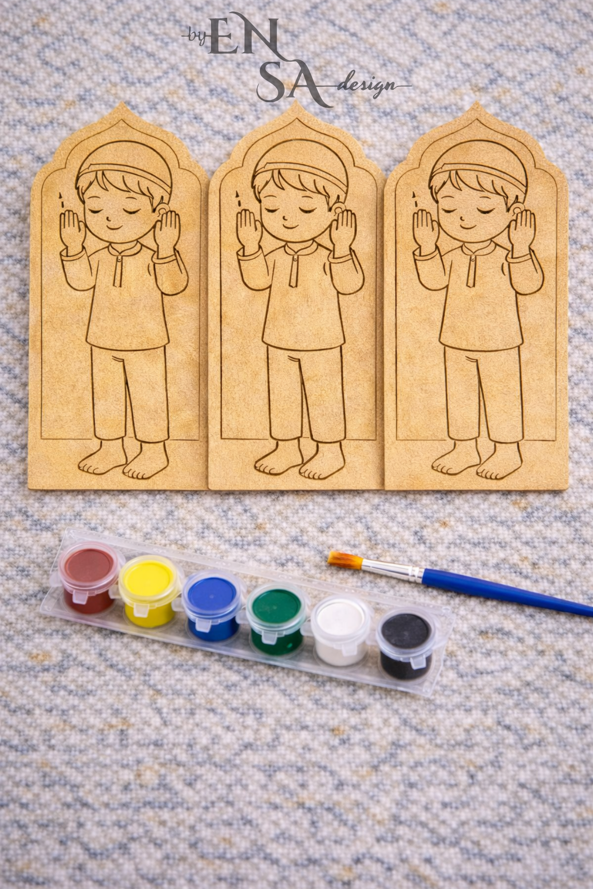 Namaz Kılan Erkek Çocuk Ahşap Boyama Seti 35 Parça (30 Figür + 5 Boya Seti) – Ramazan Etkinliği, Değerler Eğitimi, Anaokulu Boyama Seti