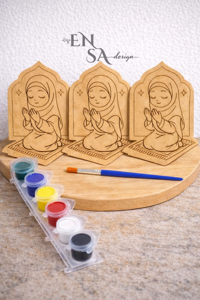 Dua Eden Kız Çocuk Ahşap Boyama Seti 35 Parça (30 Figür + 5 Boya Seti) – Ramazan Etkinliği, Değerler Eğitimi, Anaokulu Etkinlik Seti